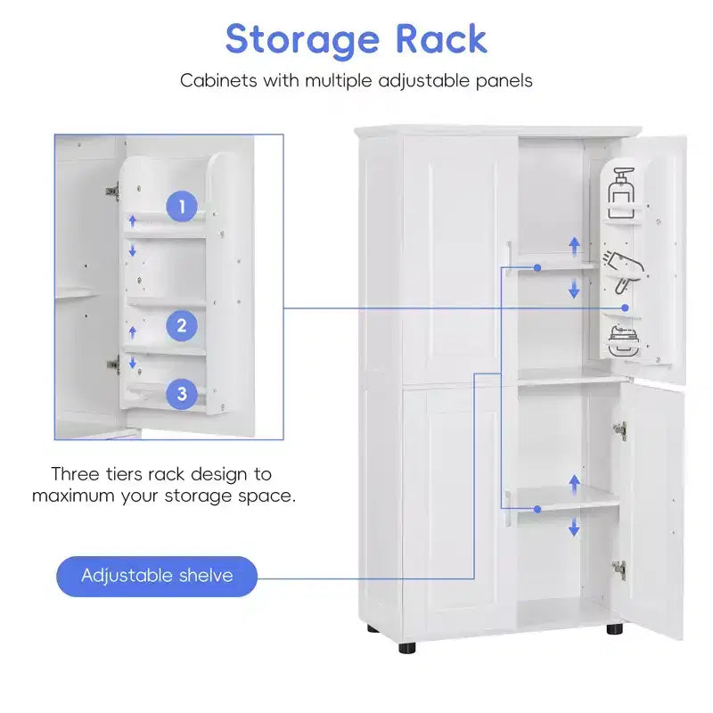 Whisen Armoire de rangement haute et large de style minimaliste, meuble autonome avec 4 portes et étagères réglables pour salle de bain, bureau - Blanc