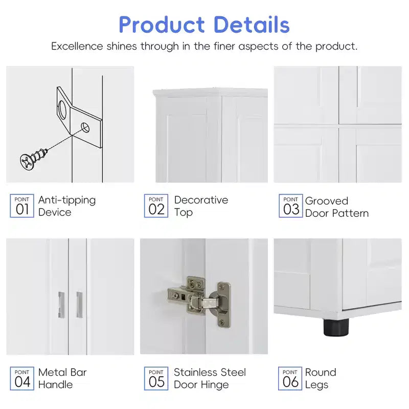 Whisen Armoire de rangement haute et large de style minimaliste, meuble autonome avec 4 portes et étagères réglables pour salle de bain, bureau - Blanc