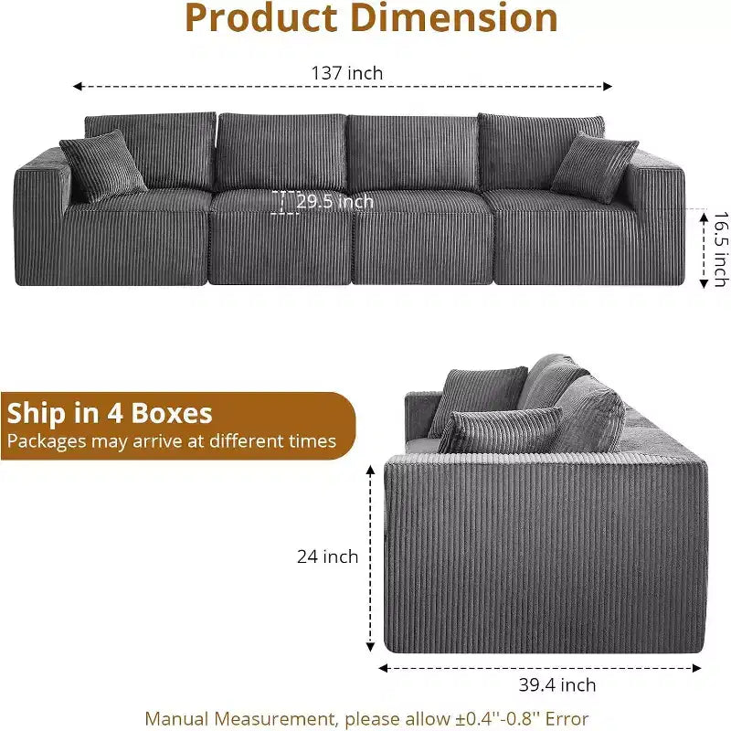 Canapé modulable 137 Sectional Couch Cloud moderne linéaire avec méridienne, tissu velours côtelé, aucun assemblage requis, canapé-lit convertible à compression