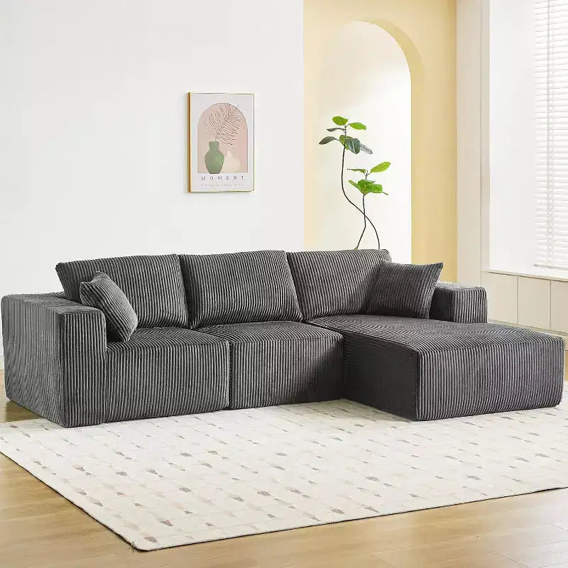 Canapé d'angle modulable moderne en velours côtelé 108 places en forme de L avec méridienne, aucun assemblage requis