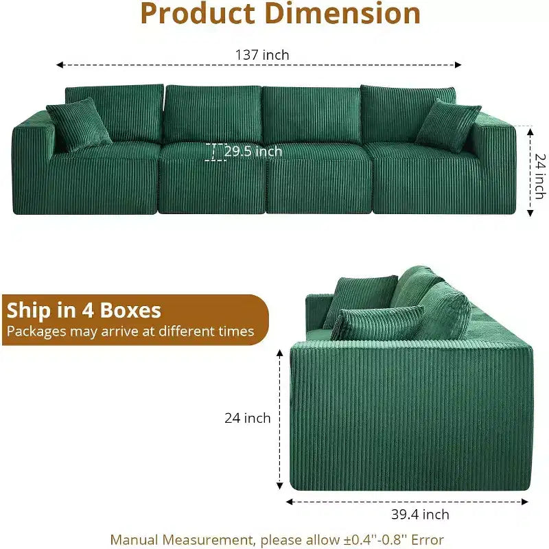 Canapé d'angle 137 Cloud Modulaire Moderne Linéaire avec Méridienne, Tissu Velours Côtelé, Aucun Assemblage Requis, Canapé Convertible Lit Compression