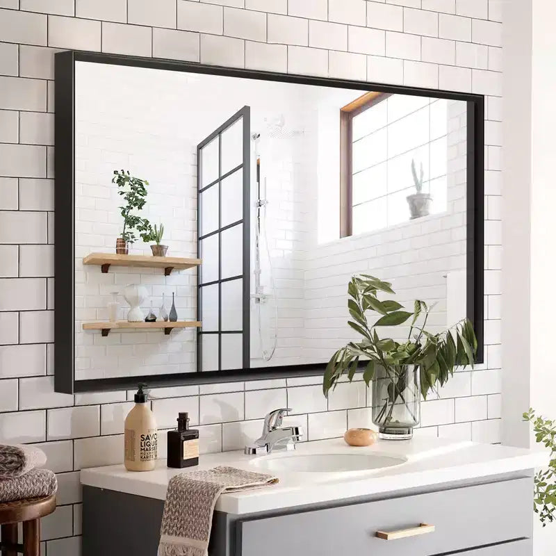 Miroir de salle de bain noir brillant 40x30 : moderne, rectangulaire, style ferme, horizontal/vertical