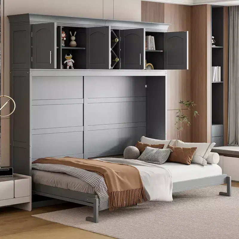 Queen Size Murphy Bed Wall Bed with Top Cabinets & Wine Rack - ModernLuxe