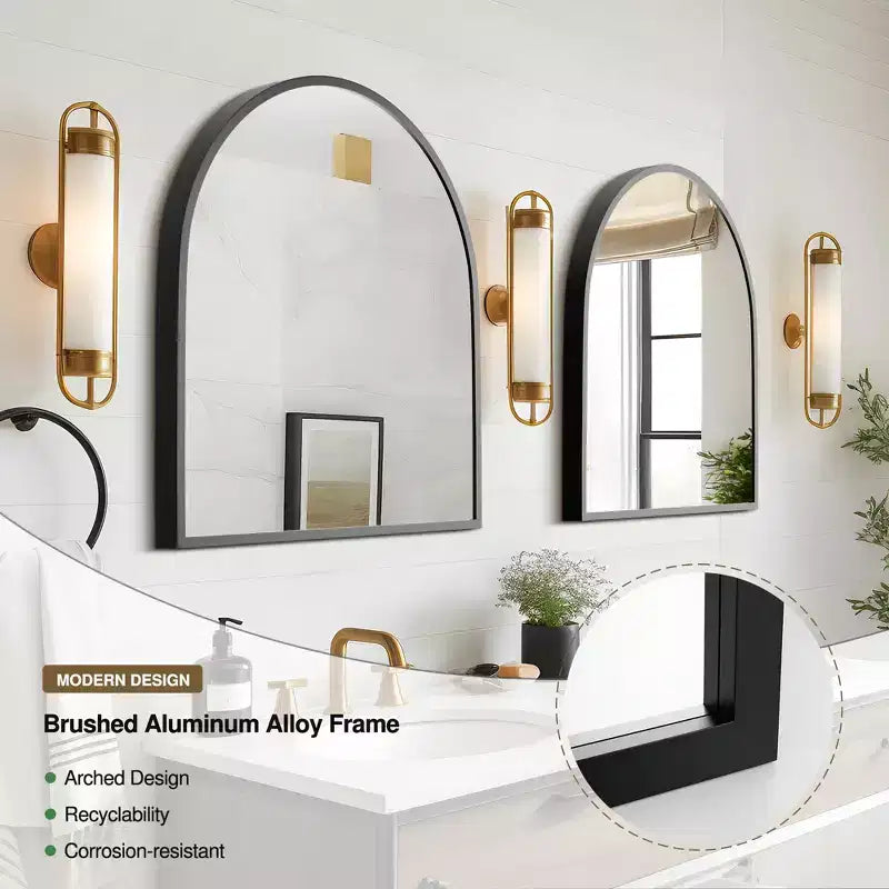 Miroir Mural Arch Noir à Bord Droit en Aluminium de 28 x 30 Pouces, pour Salle de Bain
