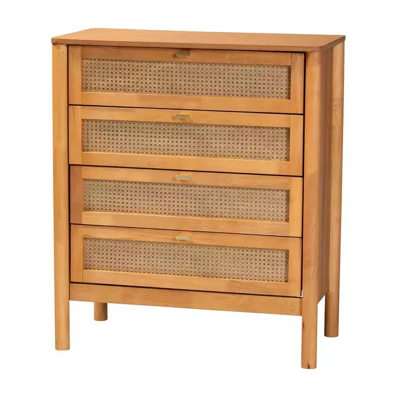 Baxton Studio Jenn, ensemble de rangement 3 pièces, bois marron doré, style Japandi, avec rotin au fini vieilli