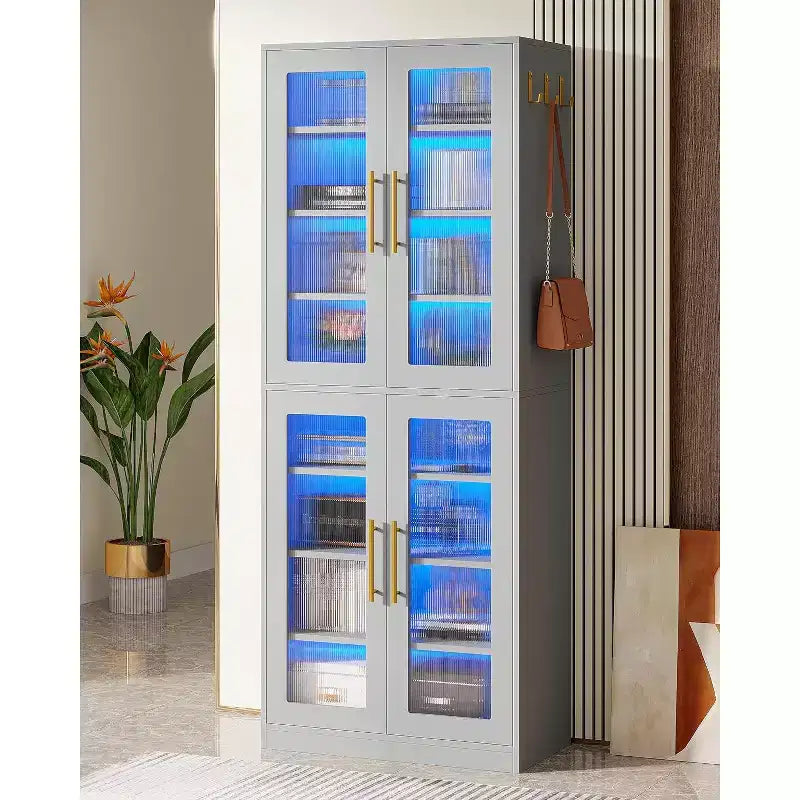 Bibliothèque Lantine avec portes et lumière LED, étagère haute de 170 cm avec 8 niveaux réglables et crochets de suspension