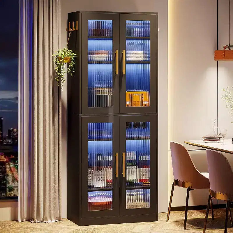 Bibliothèque Lantine avec portes et lumière LED, étagère haute de 170 cm avec 8 niveaux réglables et crochets de suspension