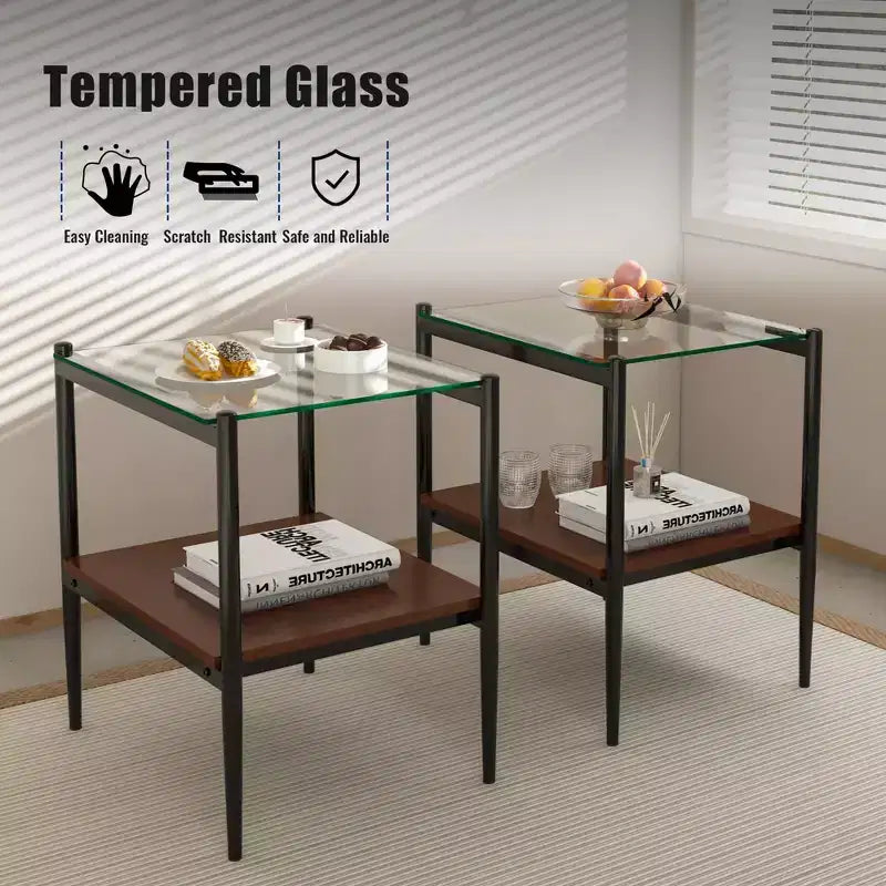 MAYEERTY Lot de 2 tables d'appoint rectangulaires avec plateau en verre trempé, pour salon, verre transparent