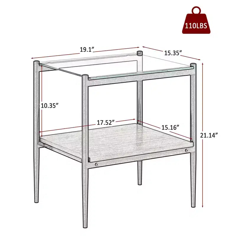 MAYEERTY Lot de 2 tables d'appoint rectangulaires avec plateau en verre trempé, pour salon, verre transparent