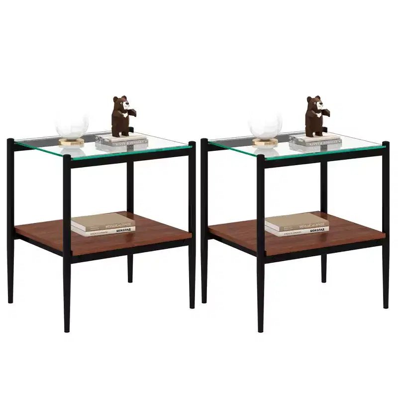 MAYEERTY Lot de 2 tables d'appoint rectangulaires avec plateau en verre trempé, pour salon, verre transparent