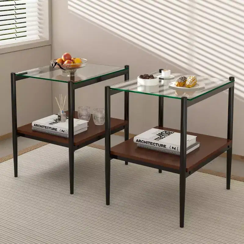 MAYEERTY Lot de 2 tables d'appoint rectangulaires avec plateau en verre trempé, pour salon, verre transparent