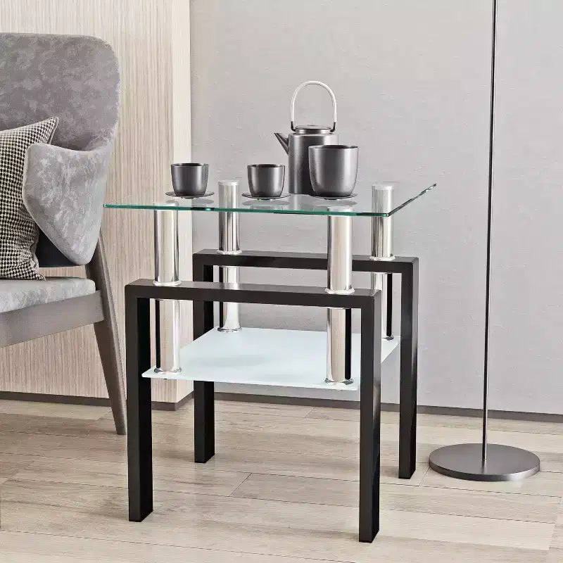 MAYEERTY Table d'appoint moderne en verre trempé, table d'appoint carrée pour salon ou chambre à coucher, transparente
