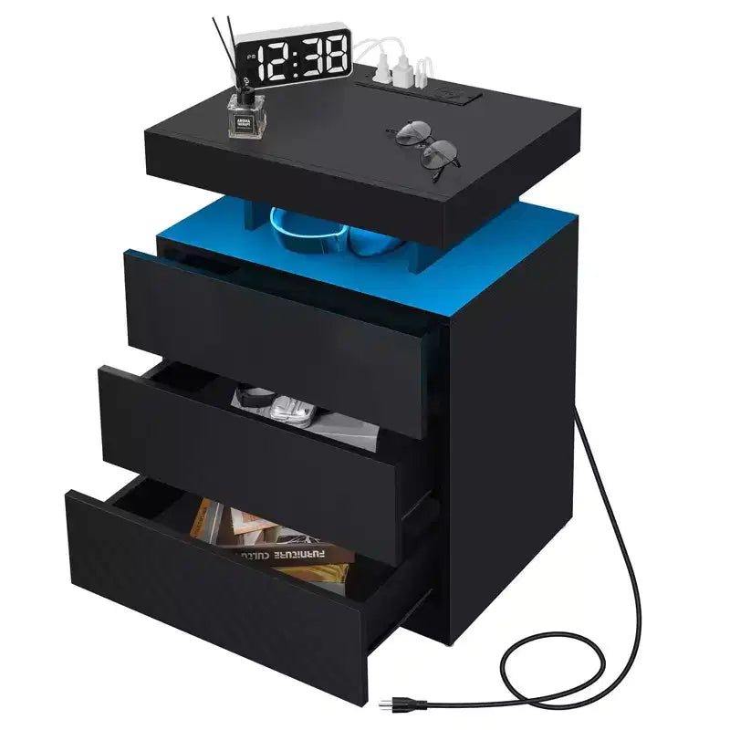 Hommpa Table de chevet LED moderne avec 3 tiroirs et station de recharge sans fil