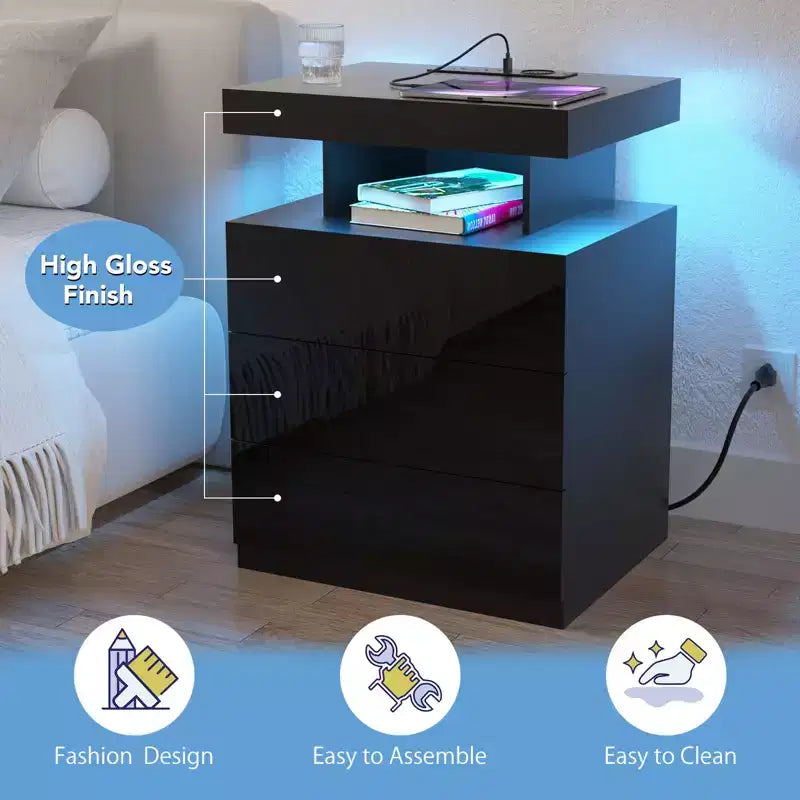 Hommpa Table de chevet LED moderne avec 3 tiroirs et station de recharge sans fil