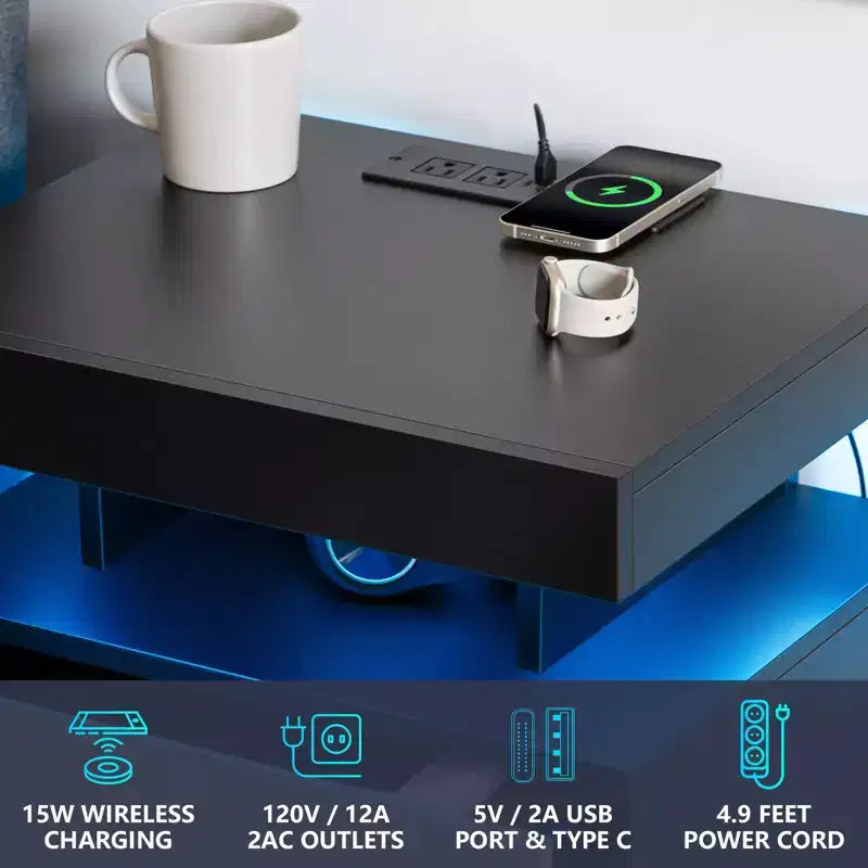 Hommpa Table de chevet LED moderne avec 3 tiroirs et station de recharge sans fil
