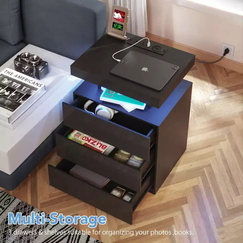 Hommpa Table de chevet LED moderne avec 3 tiroirs et station de recharge sans fil