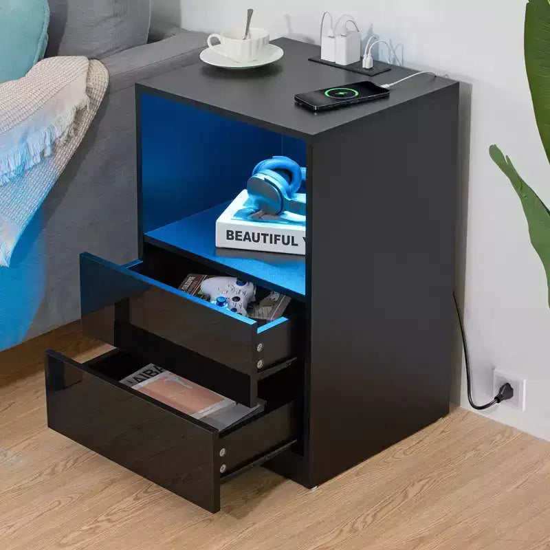 Table de chevet moderne Hommpa avec étagère ouverte, veilleuse LED et station de charge