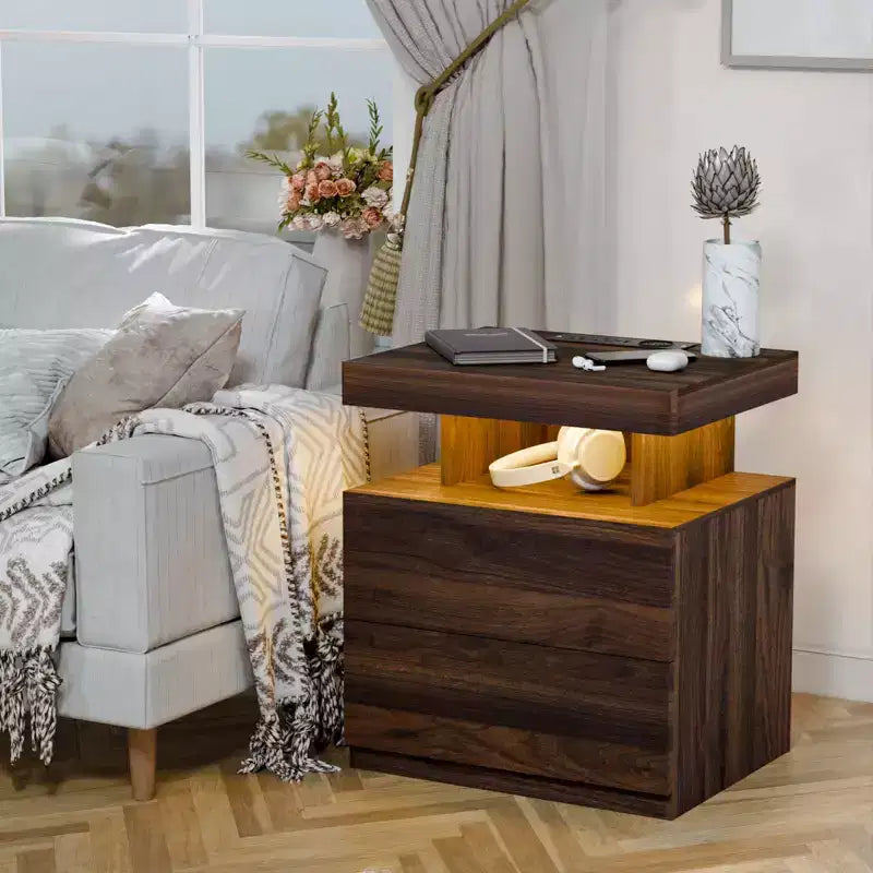 Table de Chevet Moderne Hommpa à LED avec Station de Recharge sans Fil et 2 Tiroirs
