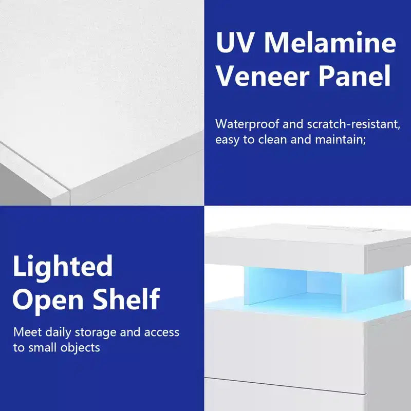 Table de Chevet Moderne Hommpa à LED avec Station de Recharge sans Fil et 2 Tiroirs
