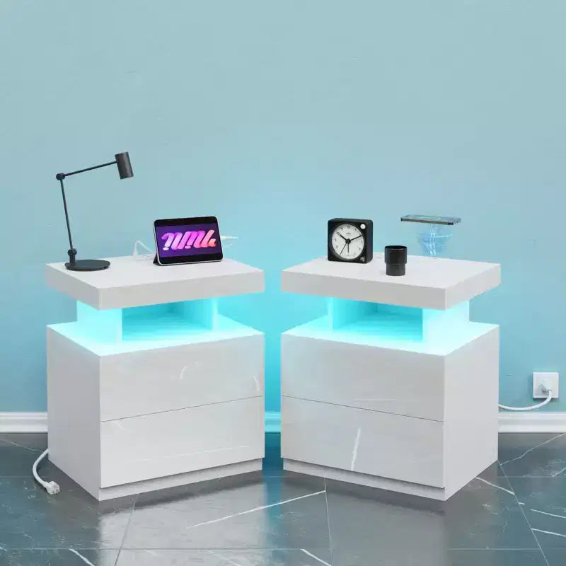 Table de Chevet Moderne Hommpa à LED avec Station de Recharge sans Fil et 2 Tiroirs
