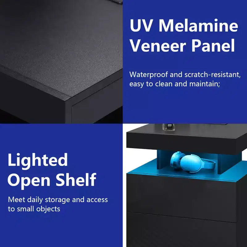 Table de Chevet Moderne Hommpa à LED avec Station de Recharge sans Fil et 2 Tiroirs