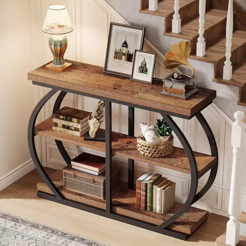 Console d'entrée industrielle Lantine 41.3 à 3 niveaux avec cadre en métal arqué et étagères de rangement