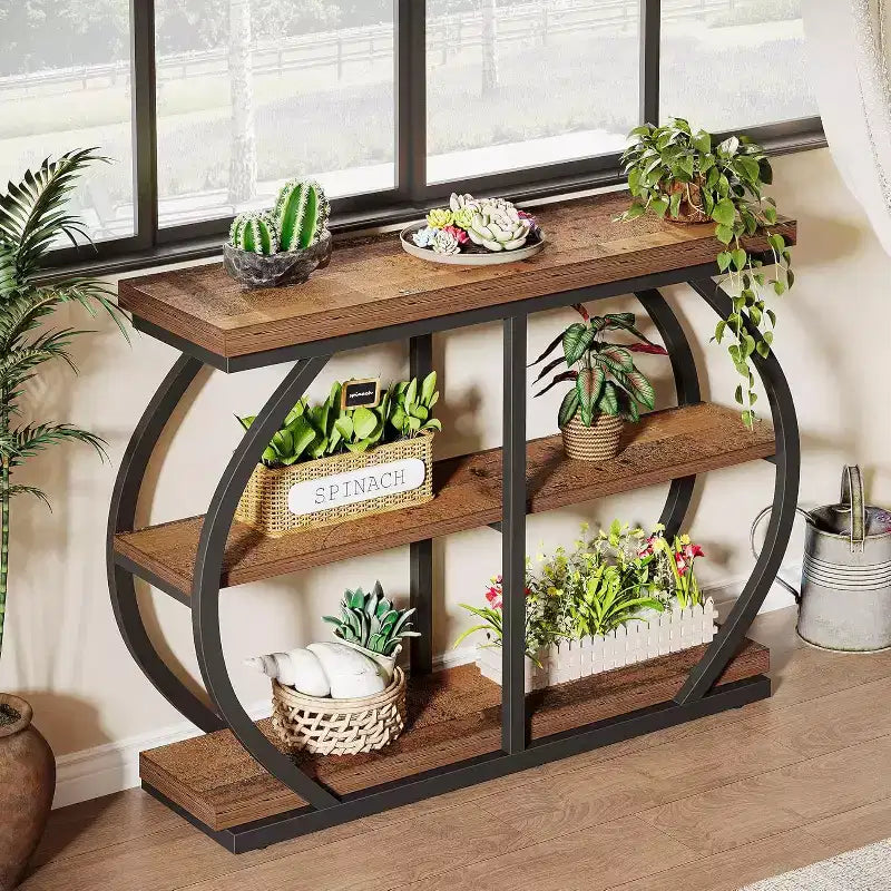 Console d'entrée industrielle Lantine 41.3 à 3 niveaux avec cadre en métal arqué et étagères de rangement