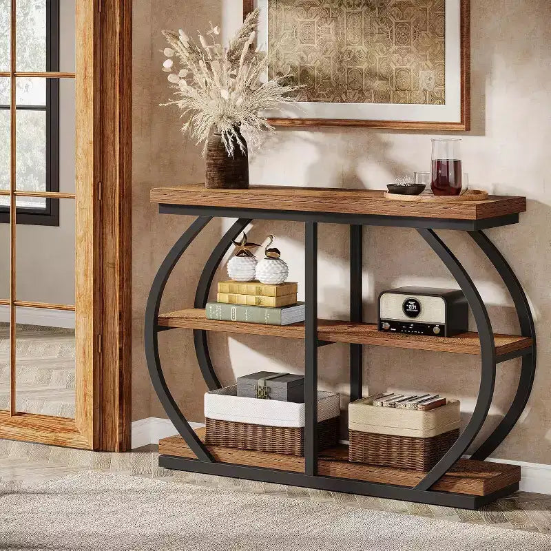Console d'entrée industrielle Lantine 41.3 à 3 niveaux avec cadre en métal arqué et étagères de rangement