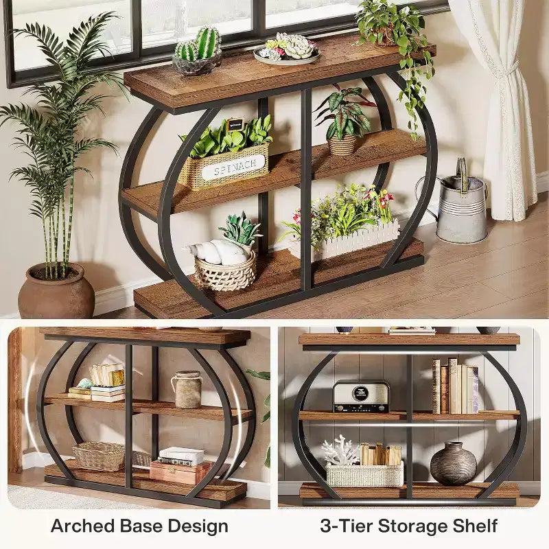 Console d'entrée industrielle Lantine 41.3 à 3 niveaux avec cadre en métal arqué et étagères de rangement