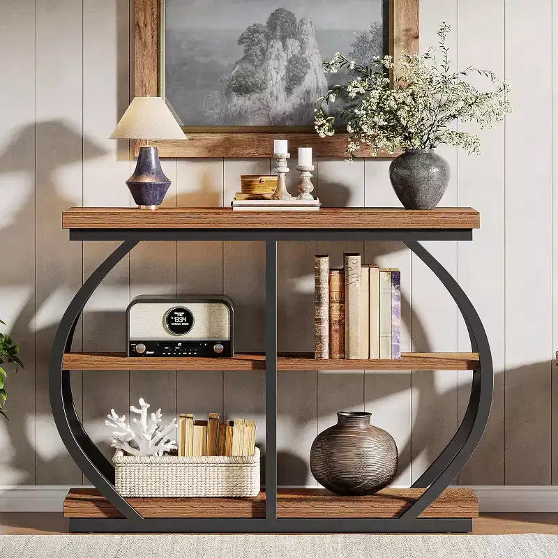 Console d'entrée industrielle Lantine 41.3 à 3 niveaux avec cadre en métal arqué et étagères de rangement