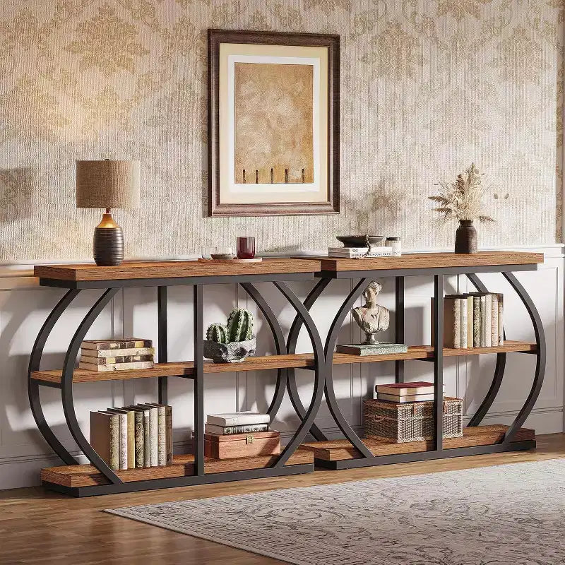 Console d'entrée industrielle Lantine 41.3 à 3 niveaux avec cadre en métal arqué et étagères de rangement