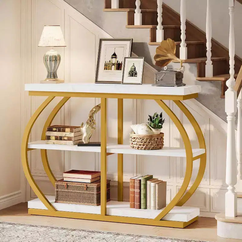 Console d'entrée industrielle Lantine 41.3 à 3 niveaux avec cadre en métal arqué et étagères de rangement