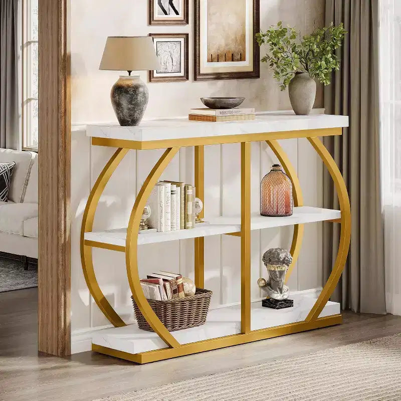 Console d'entrée industrielle Lantine 41.3 à 3 niveaux avec cadre en métal arqué et étagères de rangement