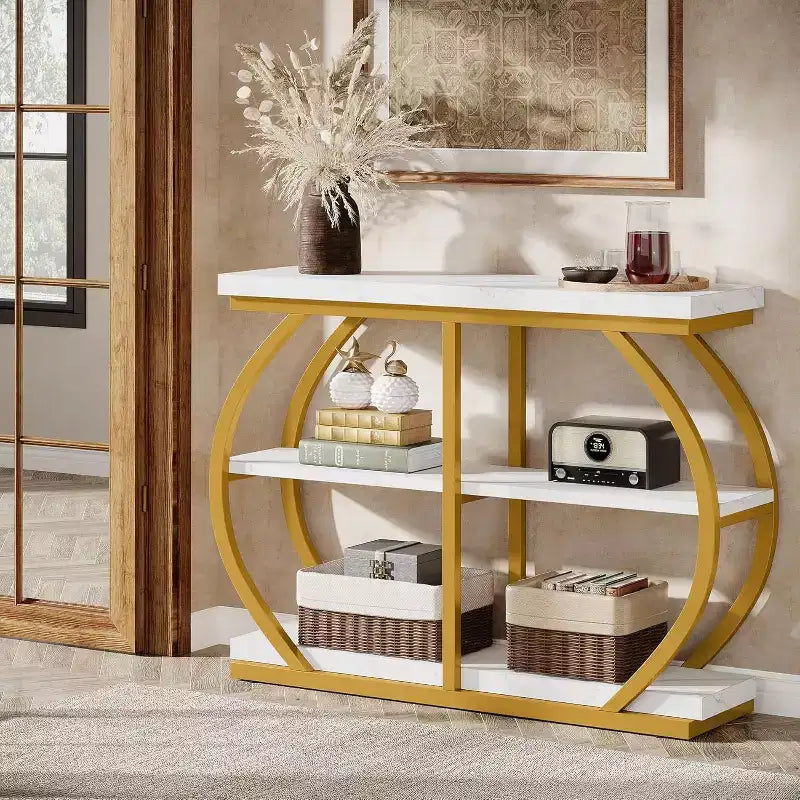 Console d'entrée industrielle Lantine 41.3 à 3 niveaux avec cadre en métal arqué et étagères de rangement