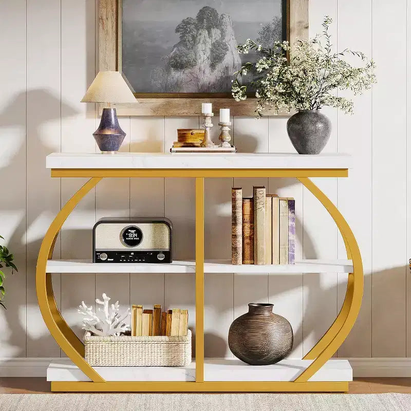 Console d'entrée industrielle Lantine 41.3 à 3 niveaux avec cadre en métal arqué et étagères de rangement