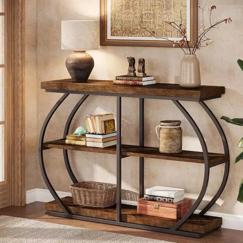 Console d'entrée industrielle Lantine 41.3 à 3 niveaux avec cadre en métal arqué et étagères de rangement