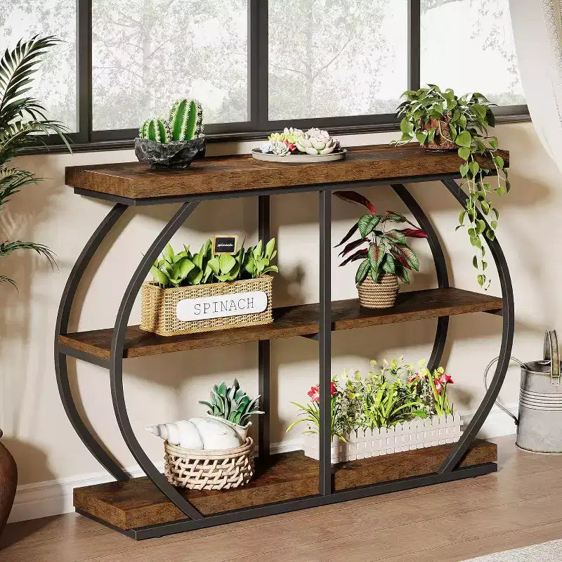 Console d'entrée industrielle Lantine 41.3 à 3 niveaux avec cadre en métal arqué et étagères de rangement