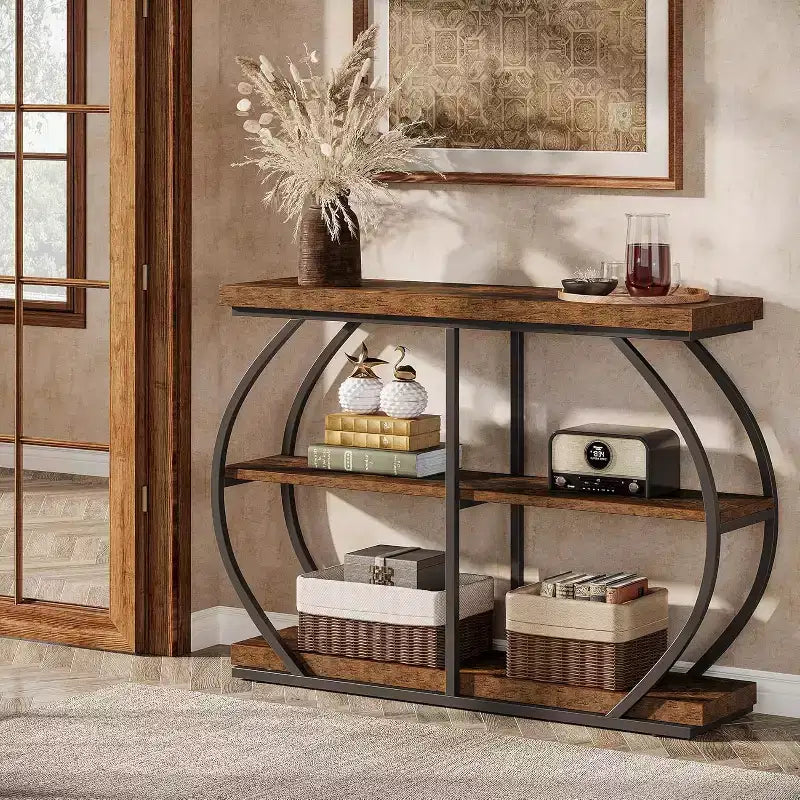 Console d'entrée industrielle Lantine 41.3 à 3 niveaux avec cadre en métal arqué et étagères de rangement