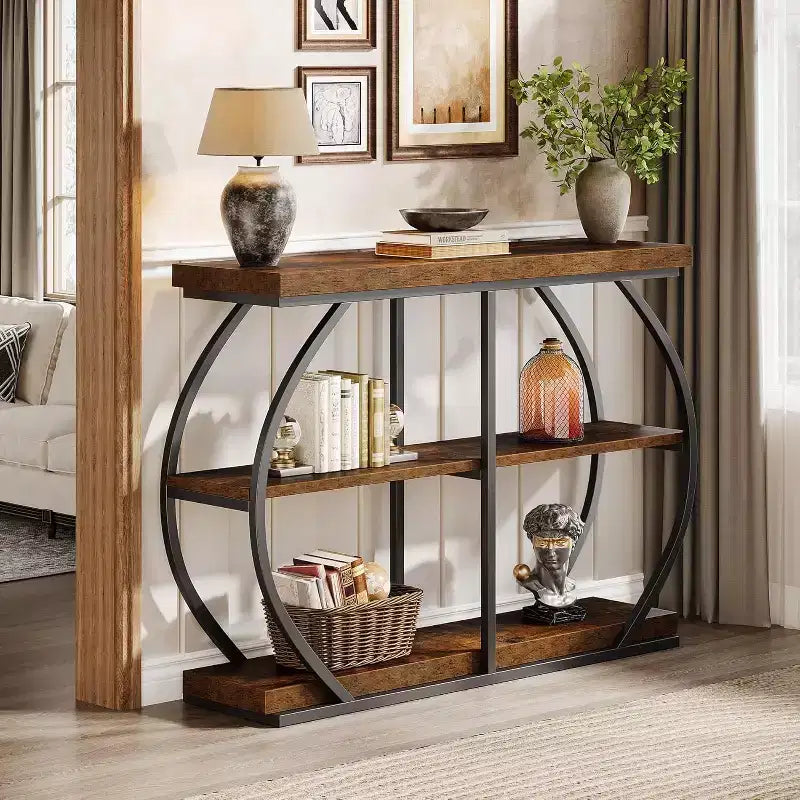 Console d'entrée industrielle Lantine 41.3 à 3 niveaux avec cadre en métal arqué et étagères de rangement