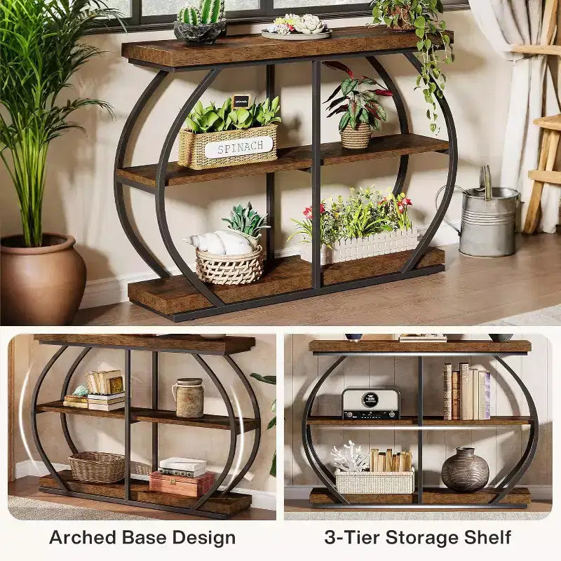 Console d'entrée industrielle Lantine 41.3 à 3 niveaux avec cadre en métal arqué et étagères de rangement