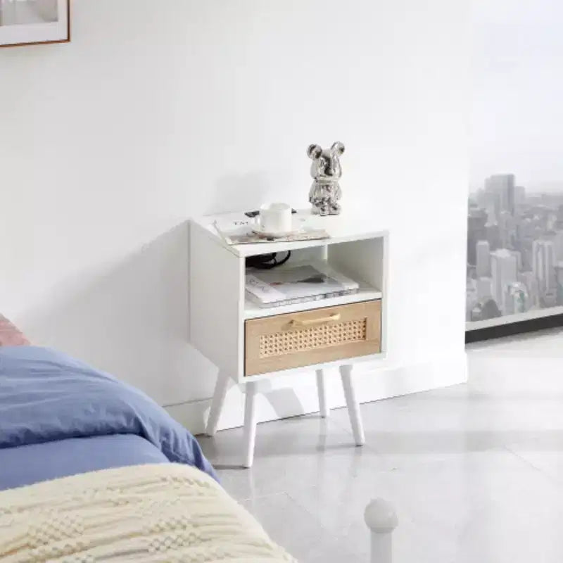15.75 Rattan End table with Power Outlet & USB Ports , Modern nightstand with drawer and solid wood legs, side table for living room, bedroom, white
