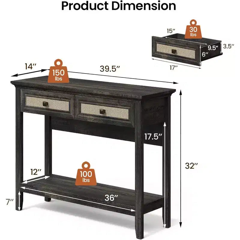 Console de table Heynemo en rotin avec plateau élargi et 2 tiroirs, table de canapé avec étagère de rangement, pour salon, couloir, entrée