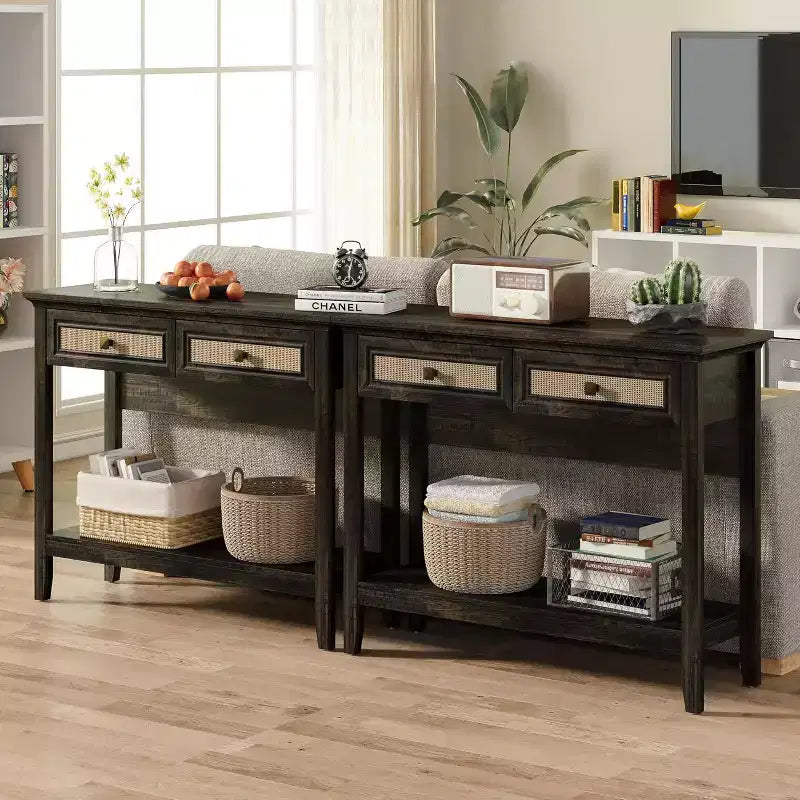 Console de table Heynemo en rotin avec plateau élargi et 2 tiroirs, table de canapé avec étagère de rangement, pour salon, couloir, entrée