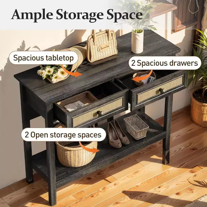 Console de table Heynemo en rotin avec plateau élargi et 2 tiroirs, table de canapé avec étagère de rangement, pour salon, couloir, entrée