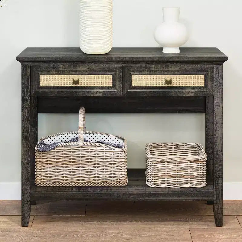 Console de table Heynemo en rotin avec plateau élargi et 2 tiroirs, table de canapé avec étagère de rangement, pour salon, couloir, entrée