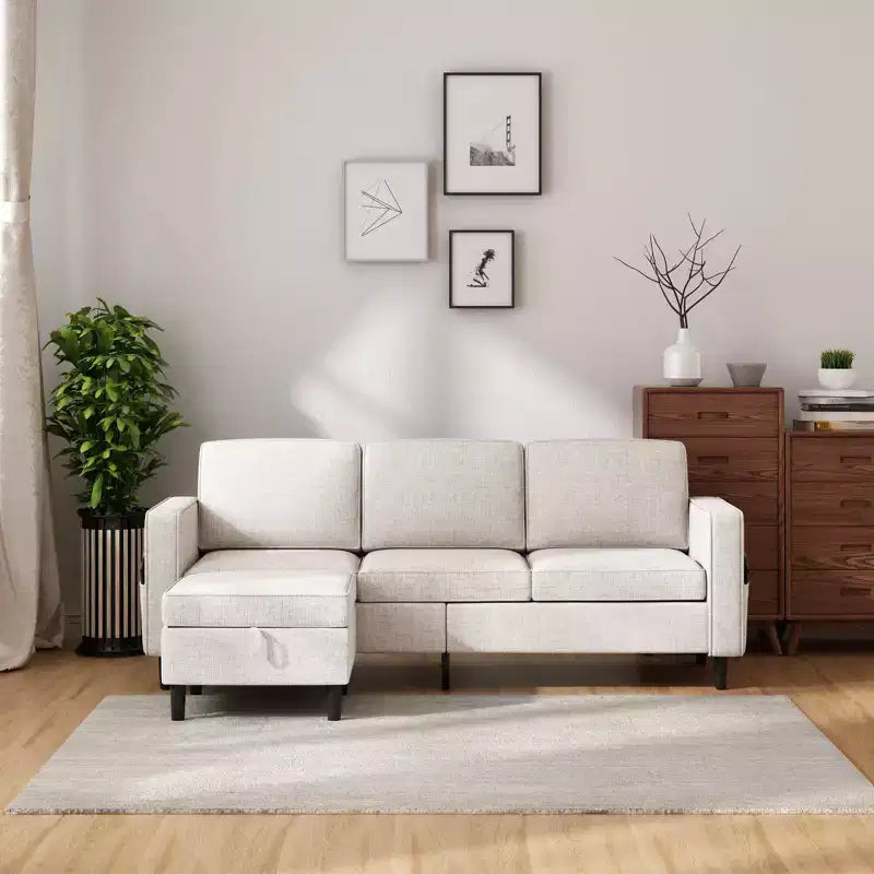 Canapé modulable Mjkone, canapé 3 places en tissu de lin en forme de L avec pouf de rangement
