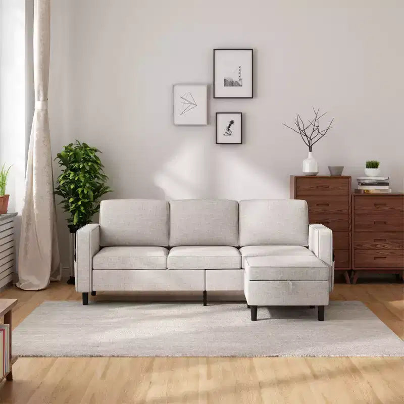 Canapé modulable Mjkone, canapé 3 places en tissu de lin en forme de L avec pouf de rangement