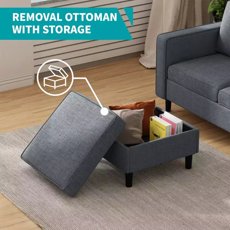 Canapé modulable Mjkone, canapé 3 places en tissu de lin en forme de L avec pouf de rangement
