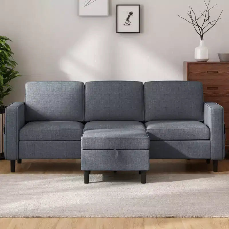 Canapé modulable Mjkone, canapé 3 places en tissu de lin en forme de L avec pouf de rangement