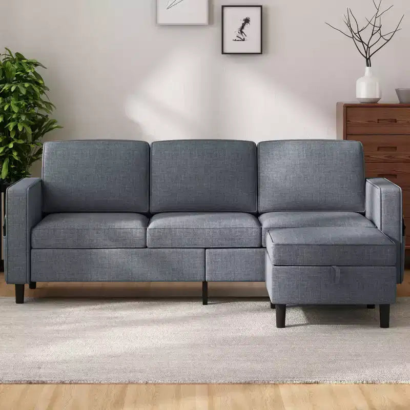 Canapé modulable Mjkone, canapé 3 places en tissu de lin en forme de L avec pouf de rangement